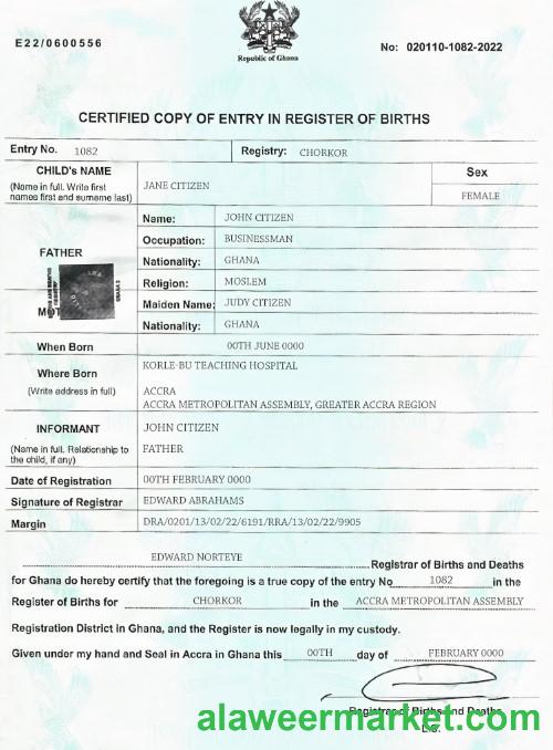 Ghana birth certificate template in PSD format